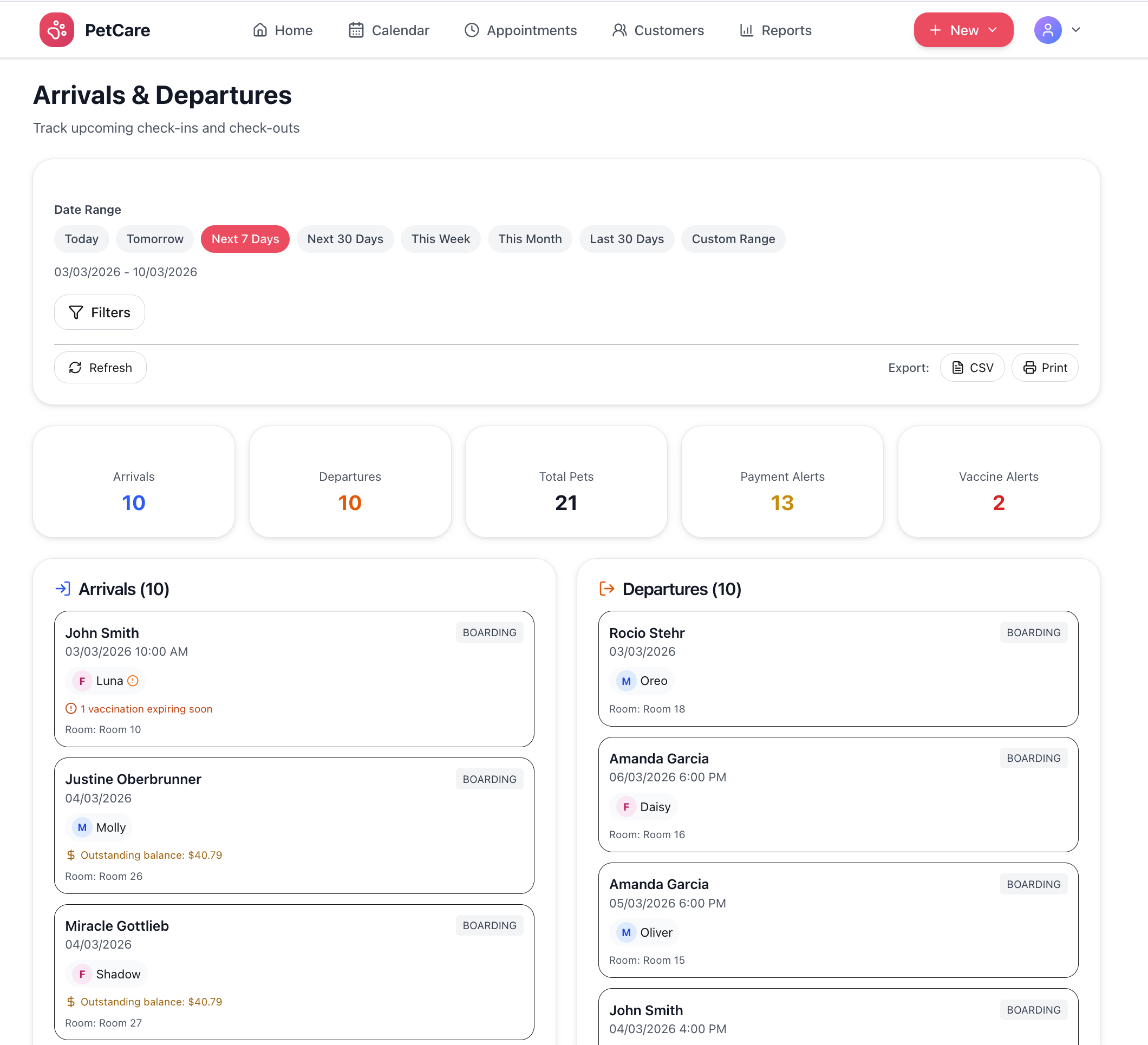 Arrivals and departures report with outstanding balance alerts and vaccination warnings