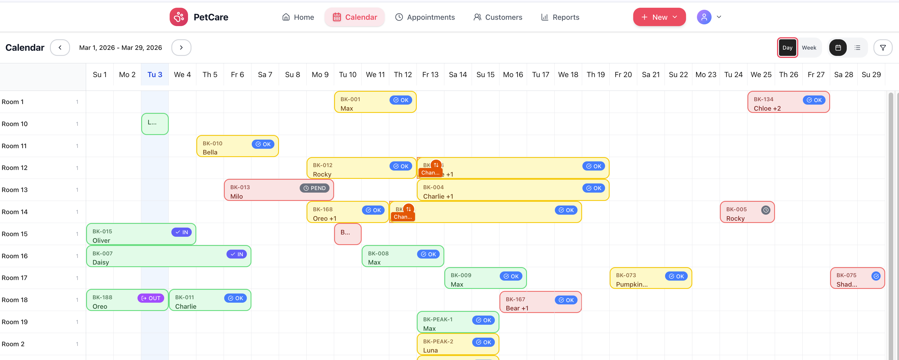 Booking calendar showing cattery pen assignments and reservation status across the month