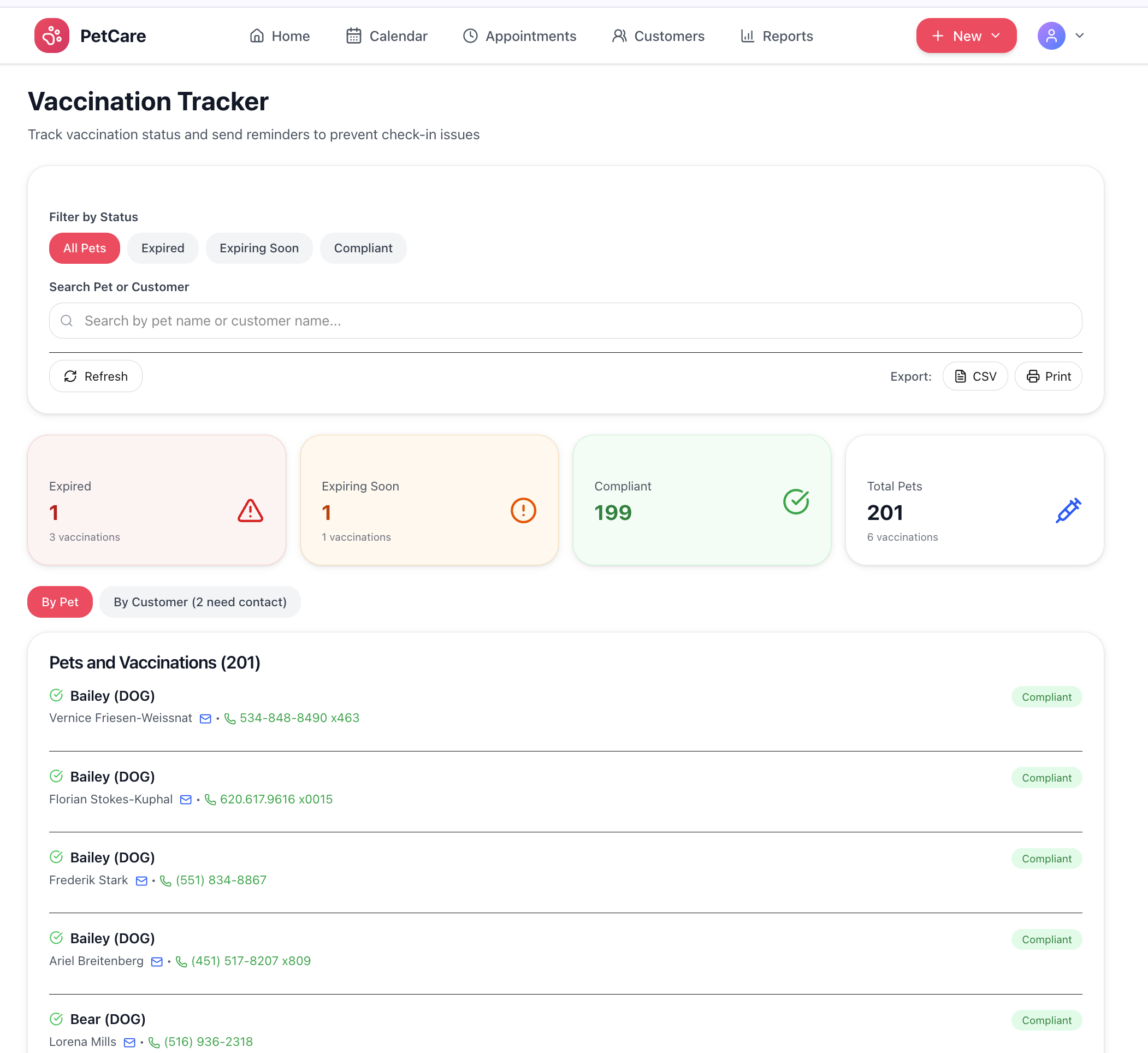 Vaccination tracker showing cat vaccination status with expired, expiring soon and compliant filters